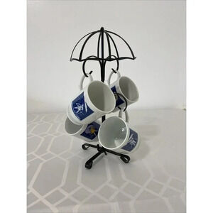 VINTAGE 14” MORTON SALT METAL UMBRELLA COFFEE MUG STAND W 4 MUGS ☂️